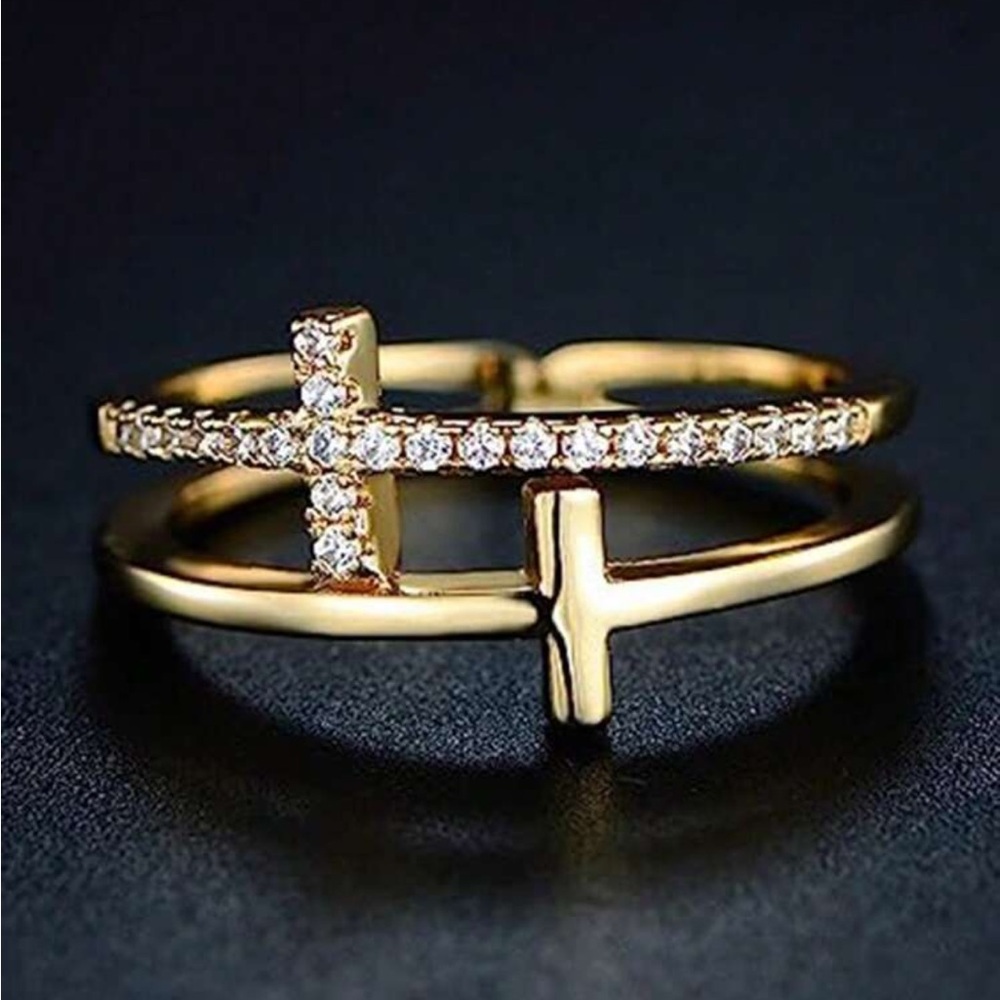 Gold Cross Double Band Ring with Clear Stones - Women FASHION JEWELRY SIZE 7